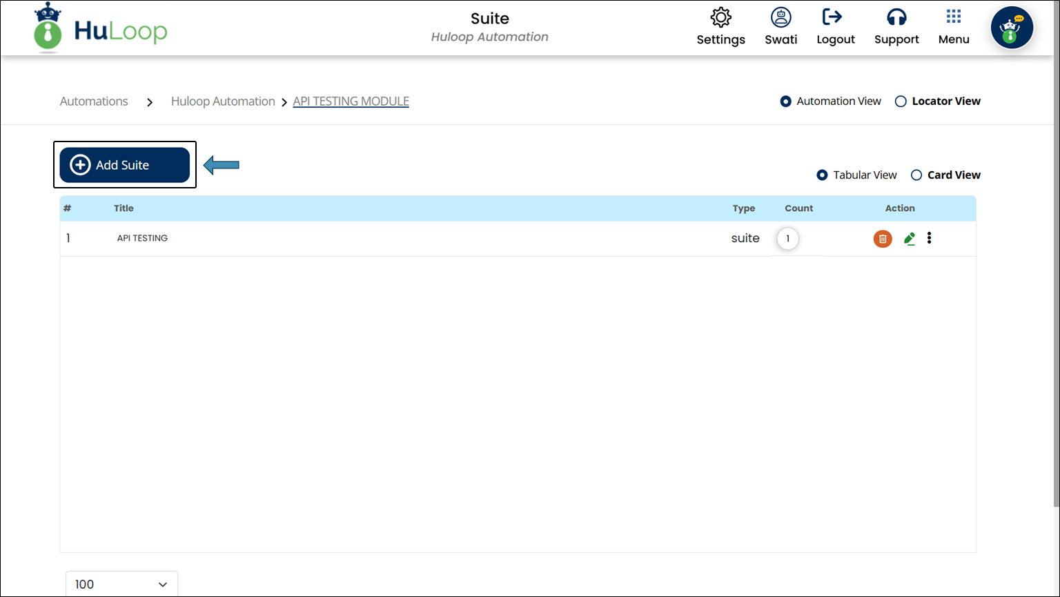 Add Suite: Tabular View