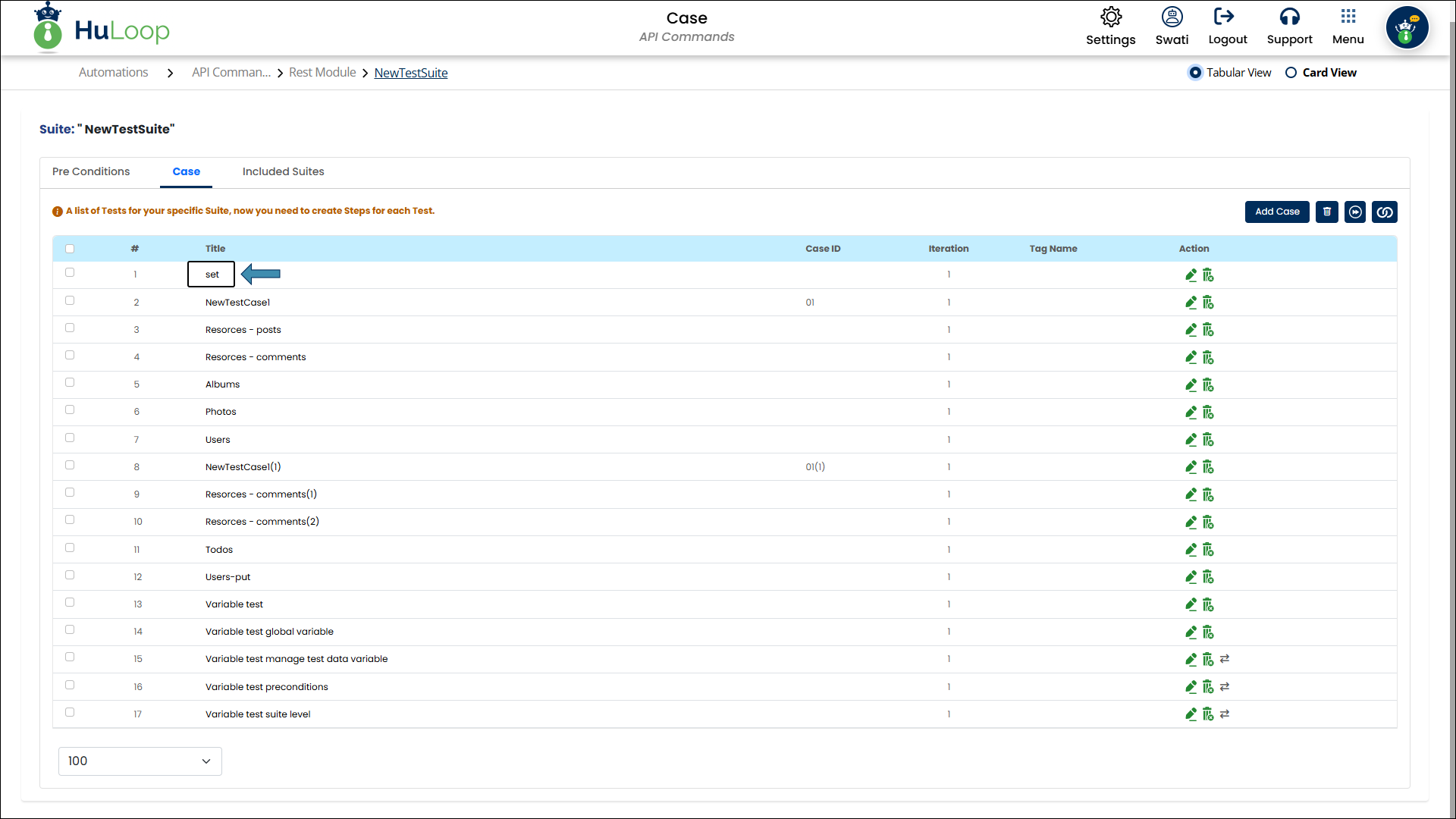 Case Page: Tabular View