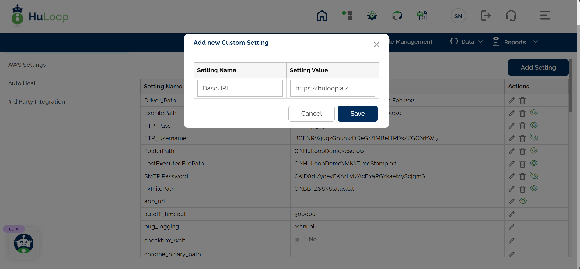 Add a new Custom Setting pop-up