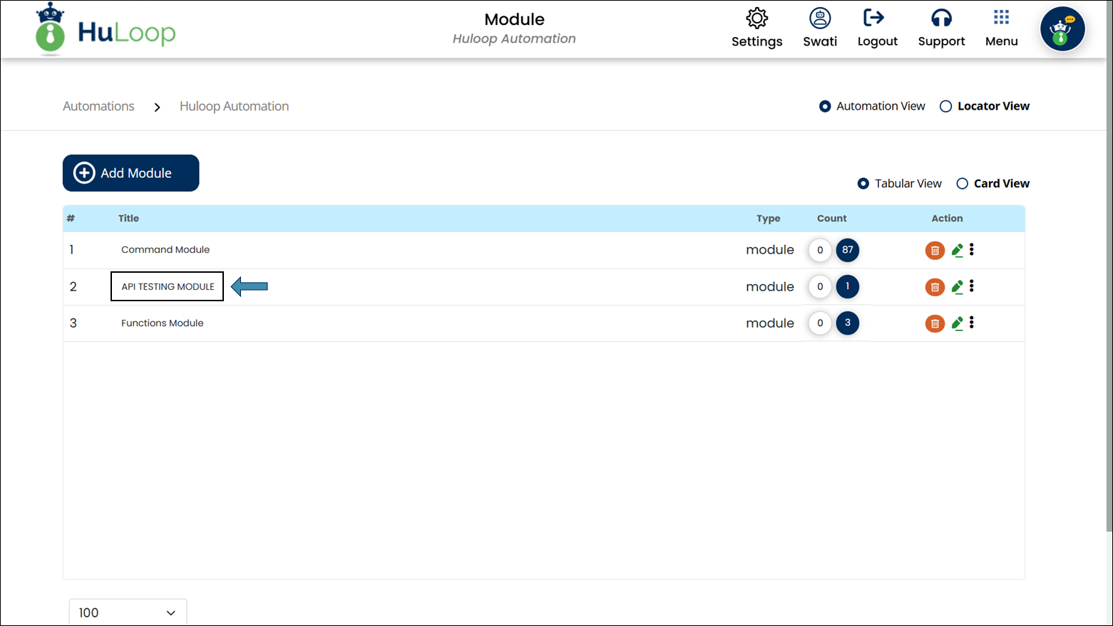 Select Module: Tabular View