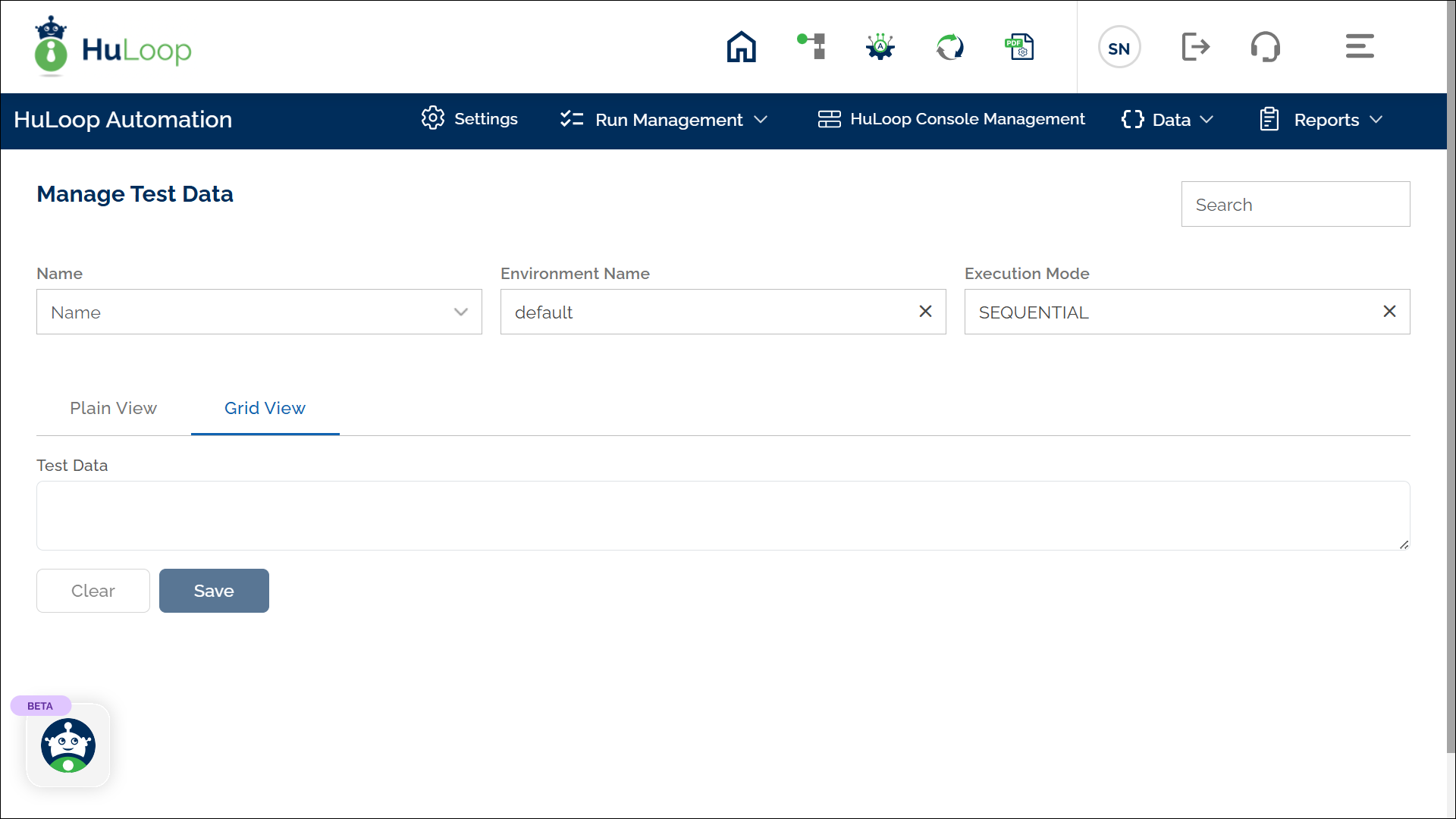 Manage Test Data Page