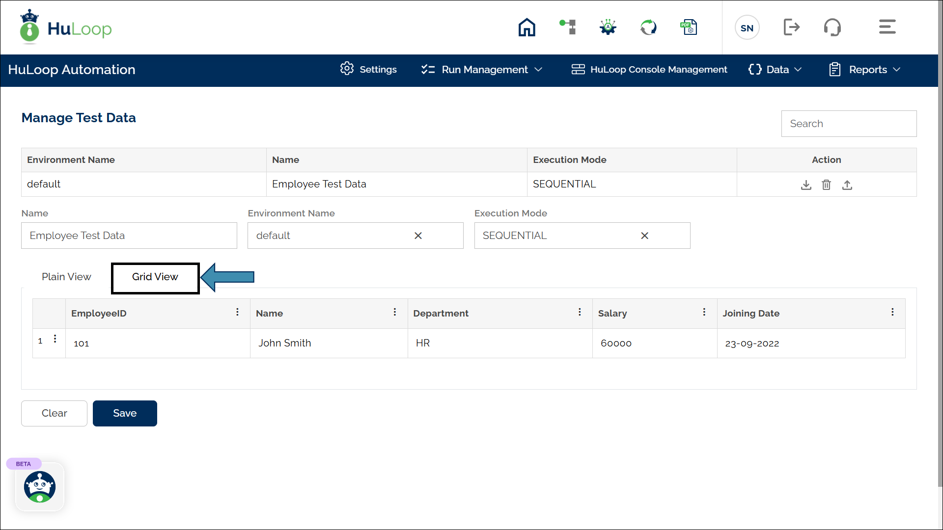 Grid View: Manage Test Data