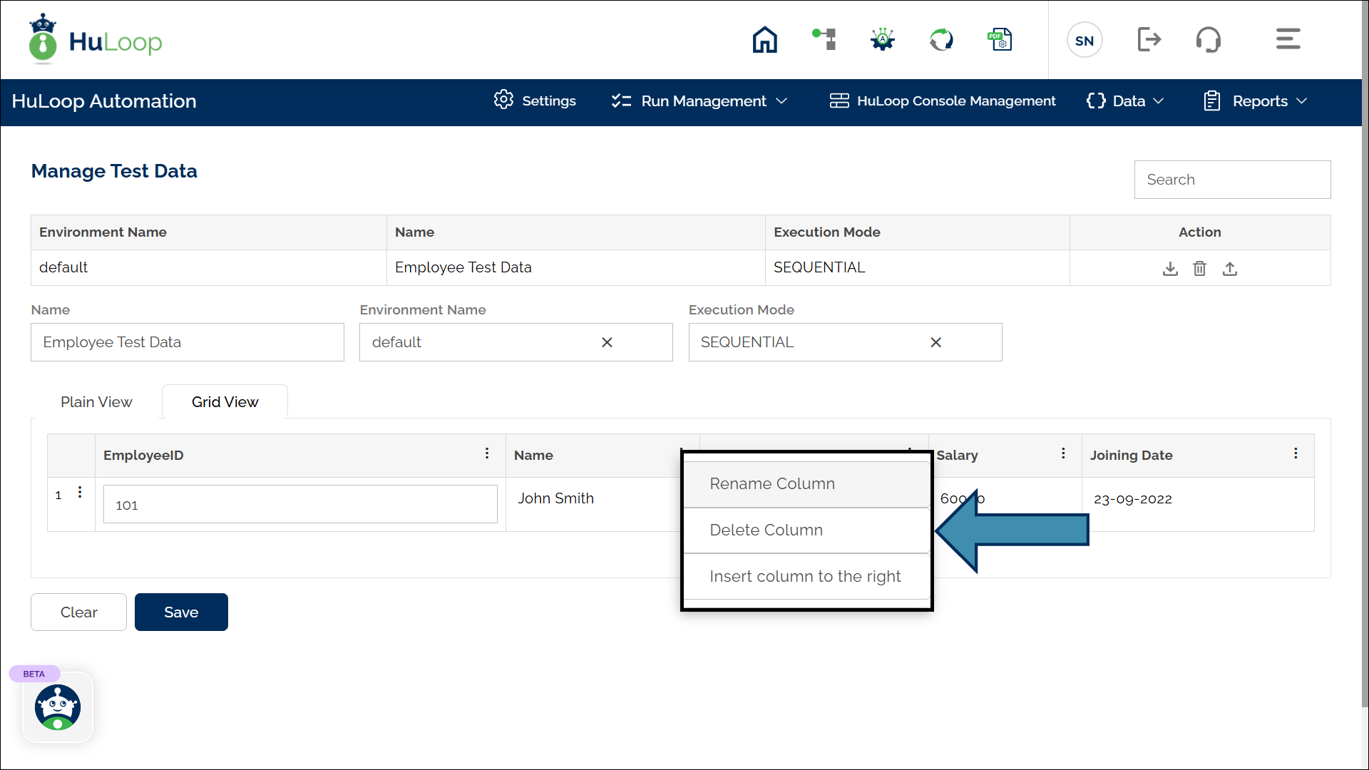 Rename/ Delete/ Insert a new column in Test Data