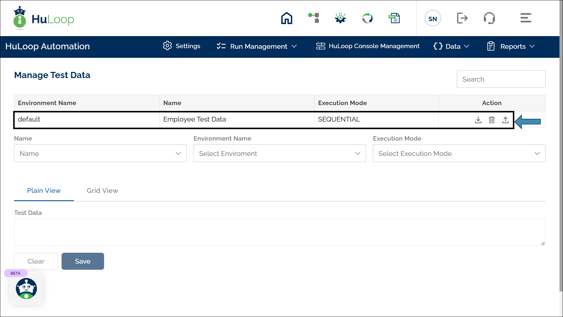 Manage Test Data Page