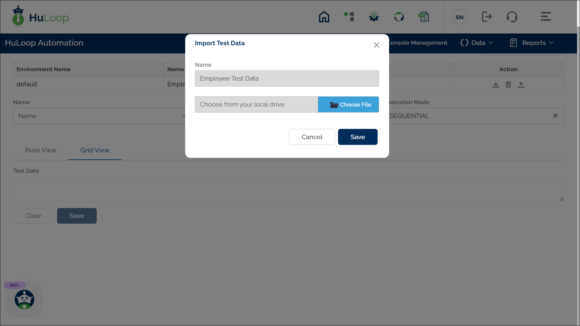 Import Test Data Pop-Up