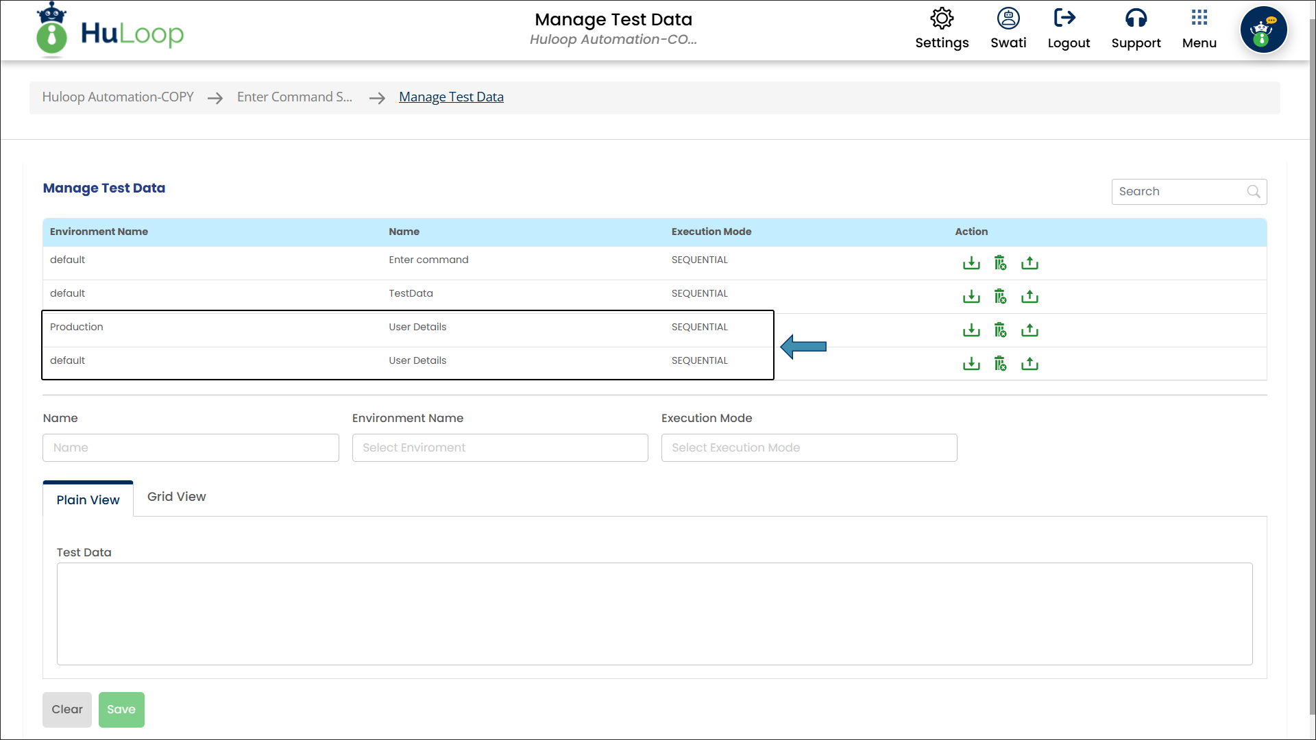 The Manage Test Data page will display