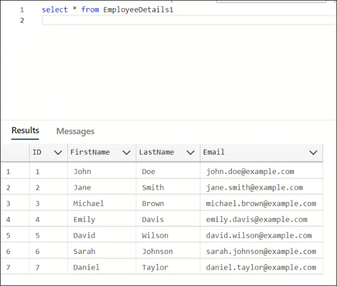 Sample SQL query execution to fetch Employee Details