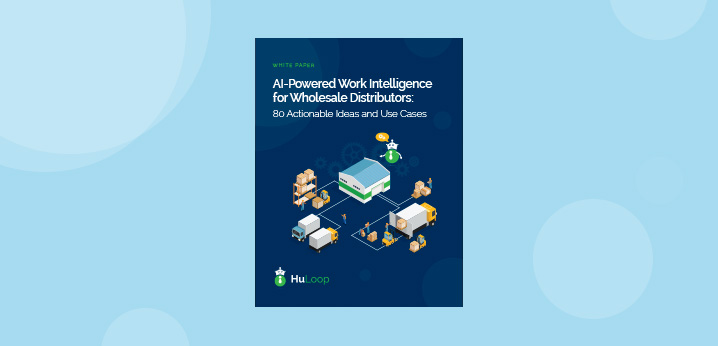 White paper cover: AI-Powered Work Intelligence for Wholesale Distributors with illustrated warehouse and logistics scene