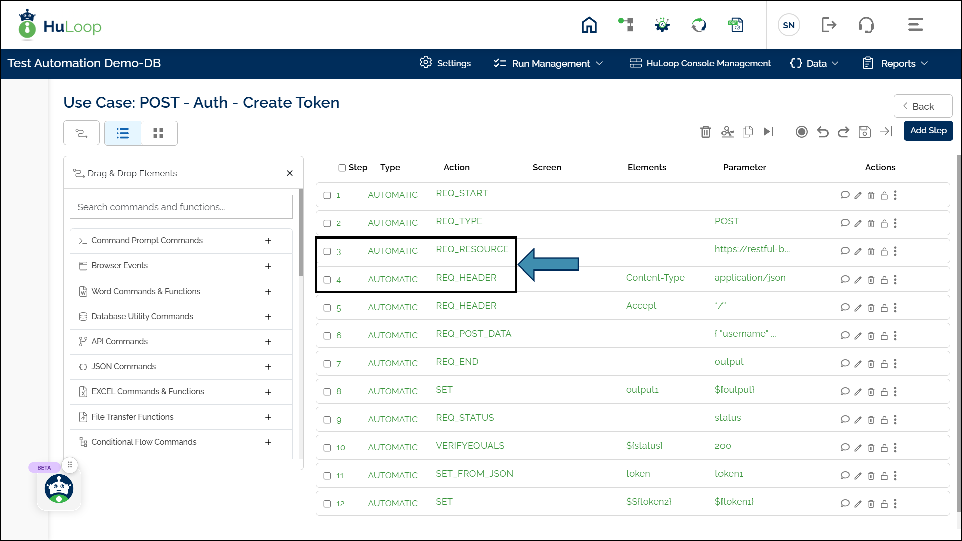 Workflow showing the Defined API Request Header step in an API automation sequence