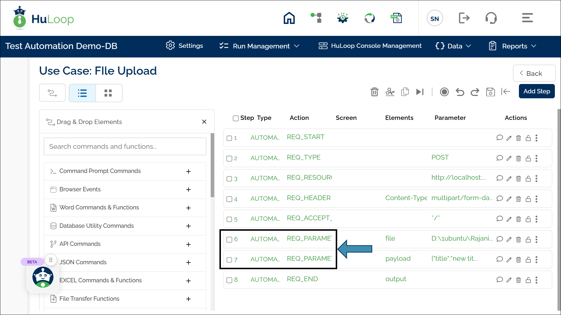 Workflow showing the Define API Request Parameter step in an API automation sequence