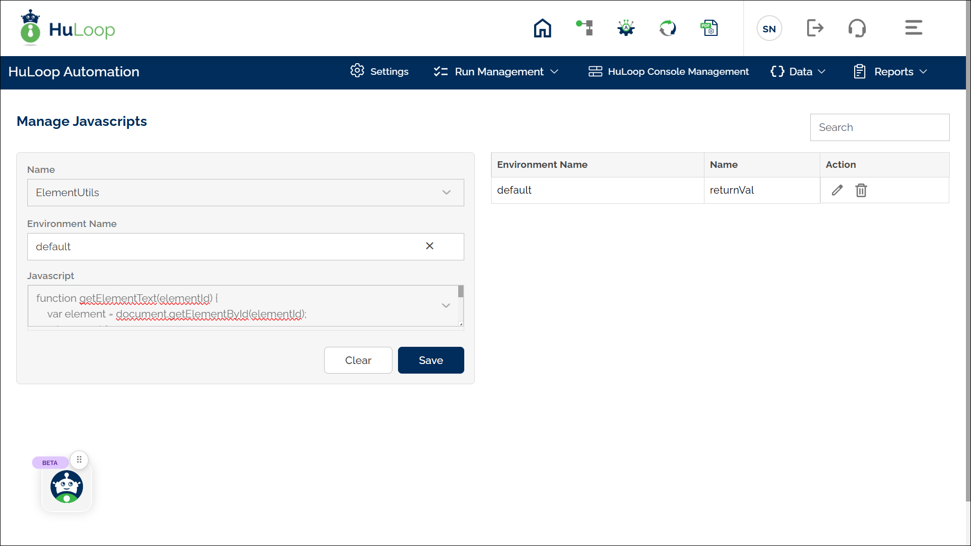 Manage Javascripts page