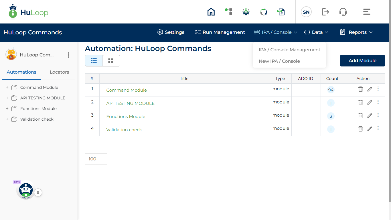 IPA / Console menu options