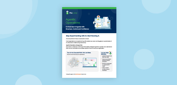 HuLoop Agentic Operations brochure covering AI agent orchestration, enterprise automation, workflow management, and operational control
