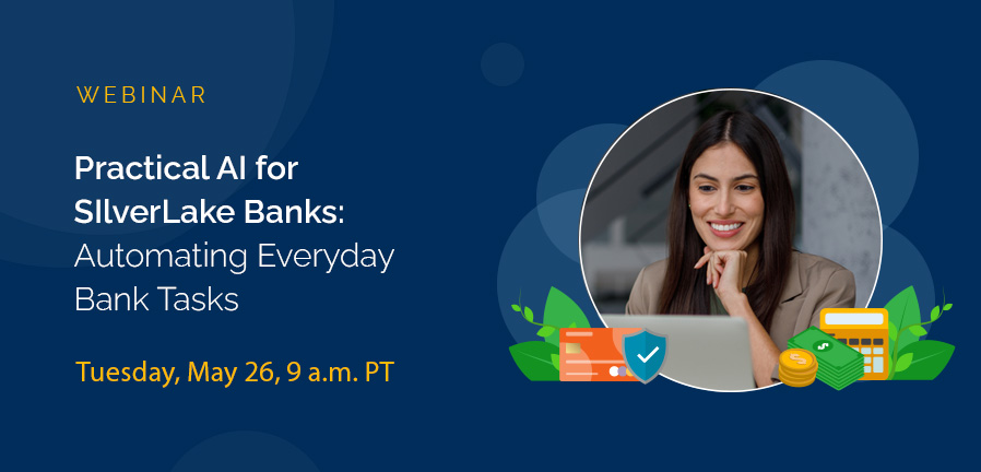 Practical AI for SilverLake Banks webinar banner featuring banking automation and AI efficiency solutions for community banks