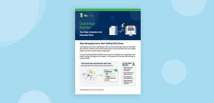 QuickApp Builder brochure highlighting how to turn data collection into executed work with automated workflows