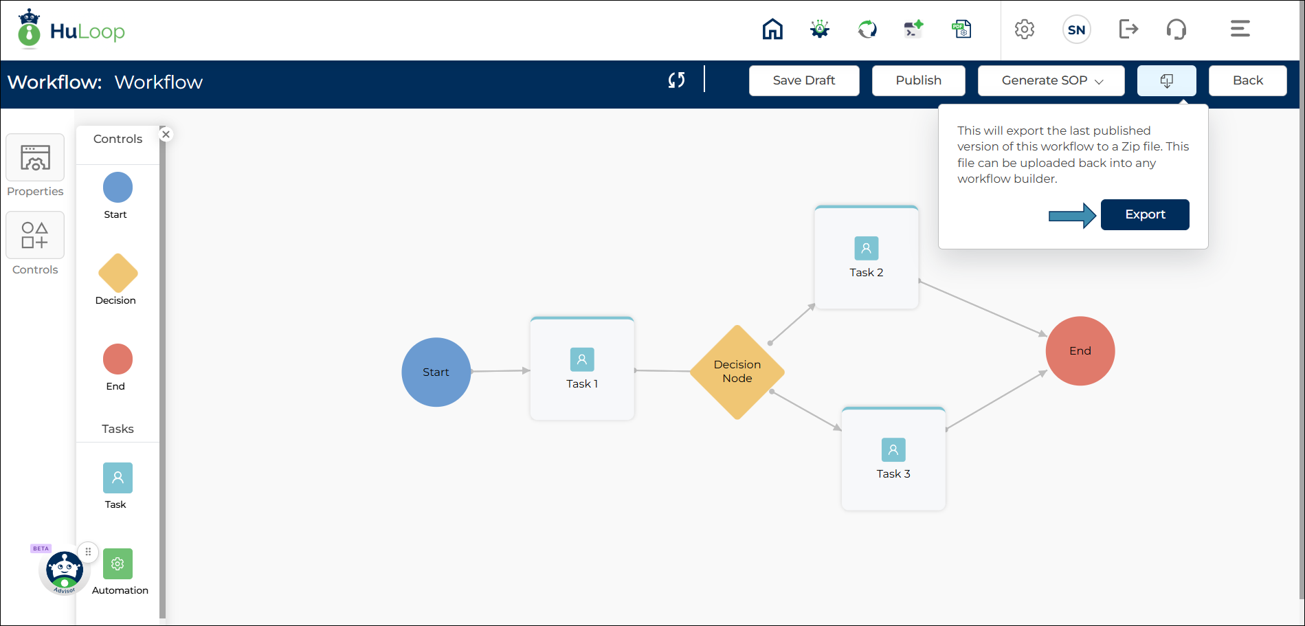 Export Workflow Icon and Export Dialog