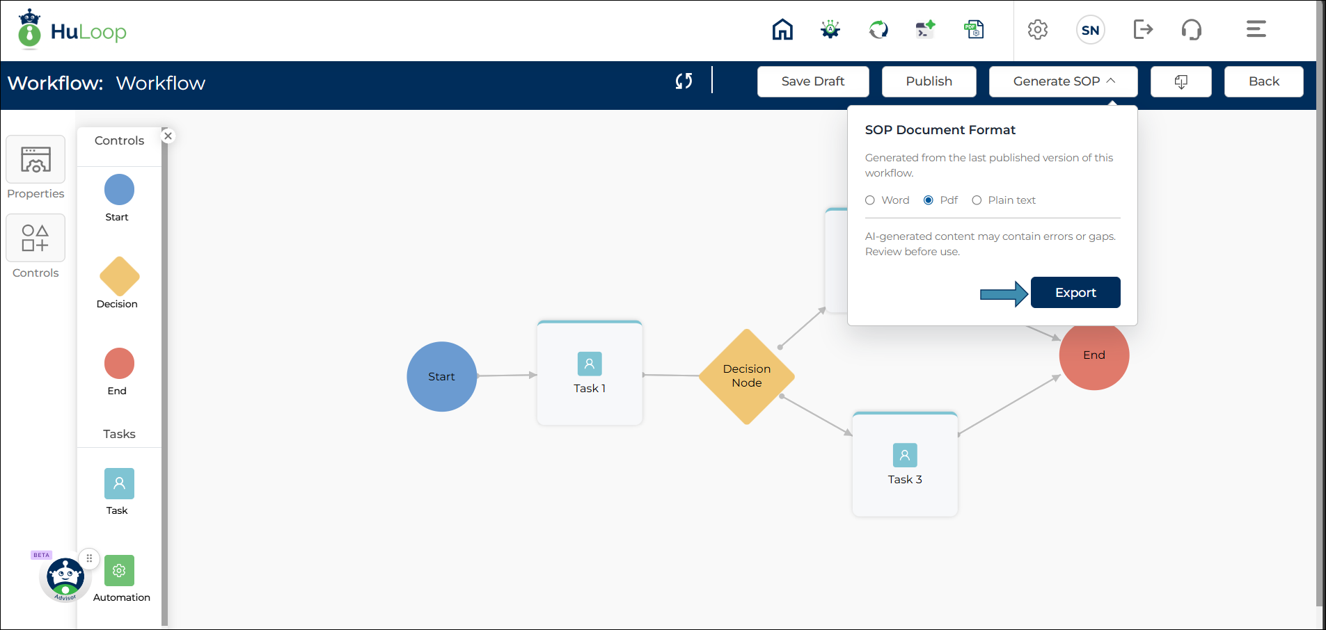 Generate SOP Dialog and Format Selection