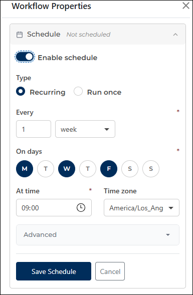Schedule toggle in Workflow Properties
