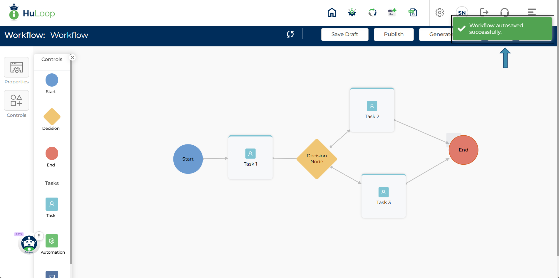 Workflow Designer displaying the automatic save confirmation message