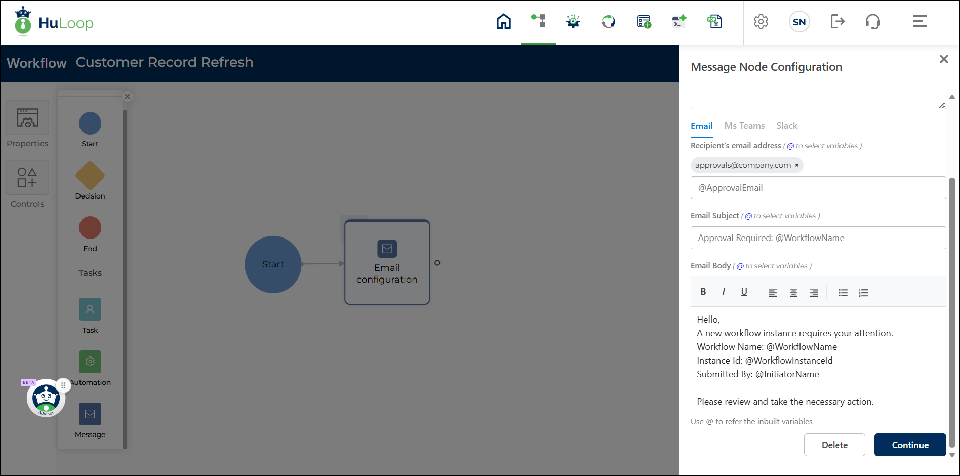 Example of workflow variables used in the email body