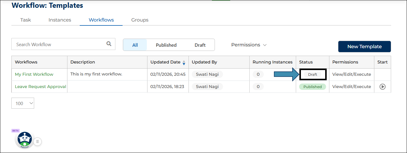 Workflow List with Draft